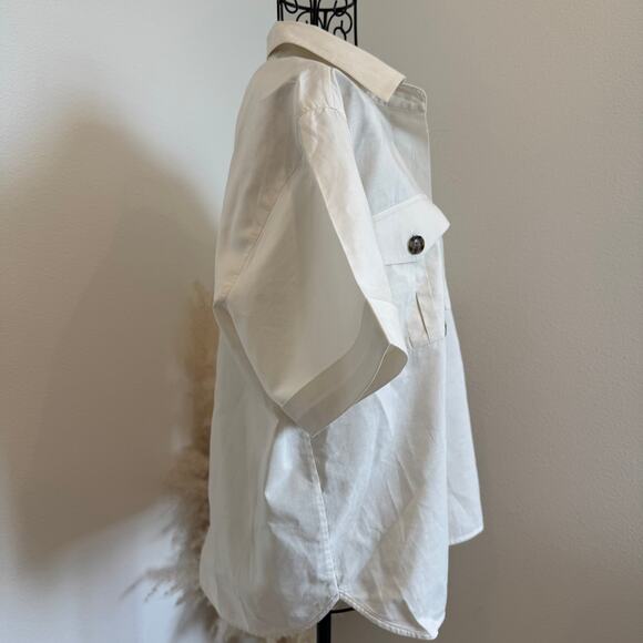 Frame Cotton Linen Blend Patch Pocket Utility Cropped Short Sleeve Top Cream XS - Picture 5 of 10